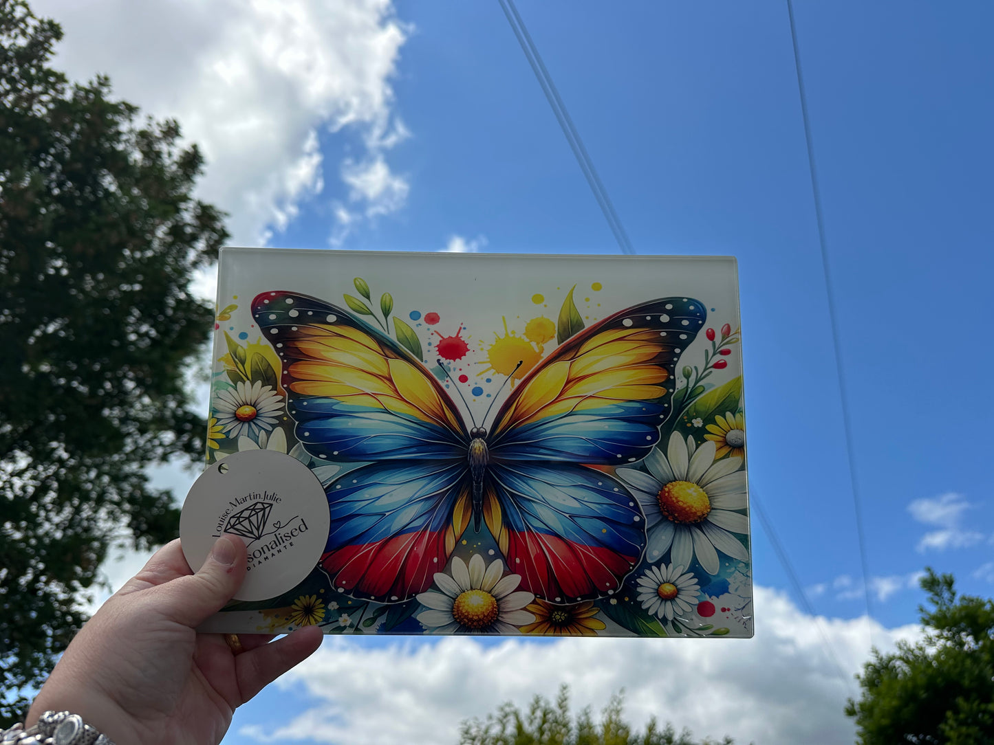Butterfly vibrant colours A4 glass copping board