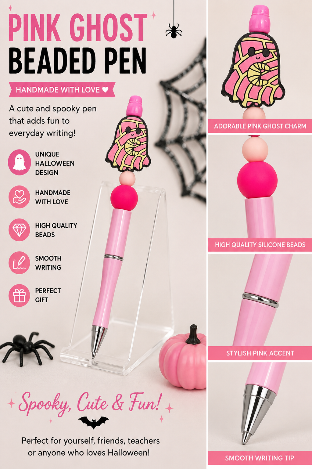 Halloween pink ghost bead pen