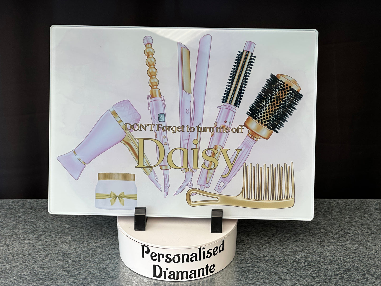 Lilac and gold Glass Heat Protector Board for Hair Straighteners and Make Up in Bedroom