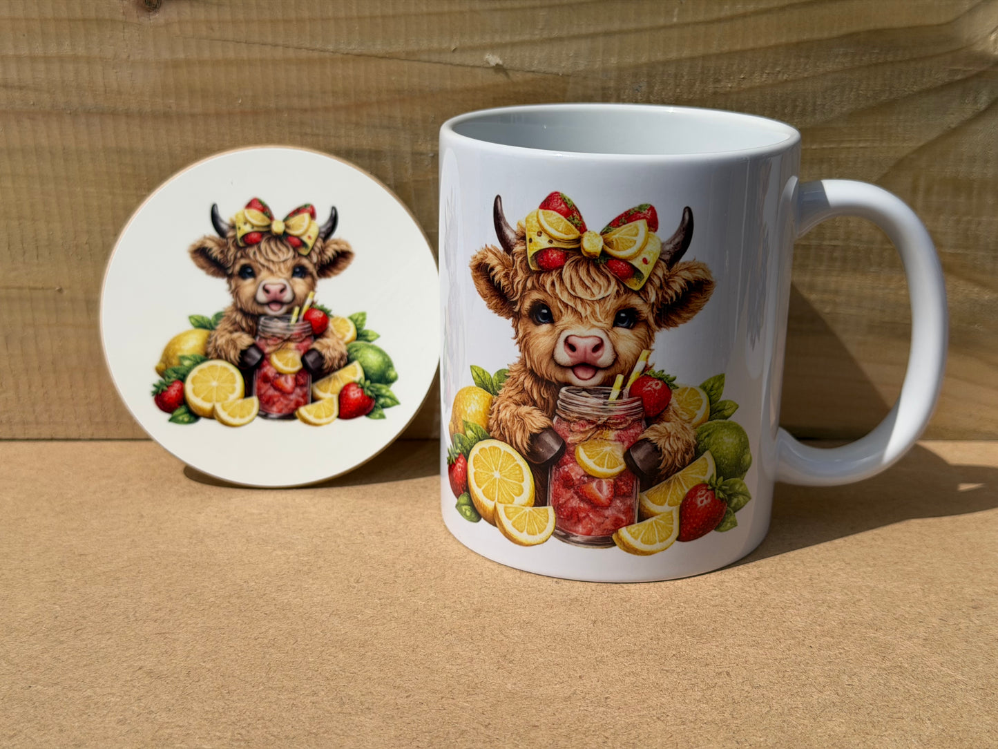 Lemon and Strawberry's highland cow mug and coaster set