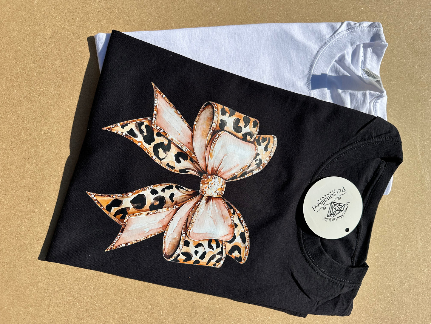 Leopard print pink bow t-shirt black or white Small - 5XL