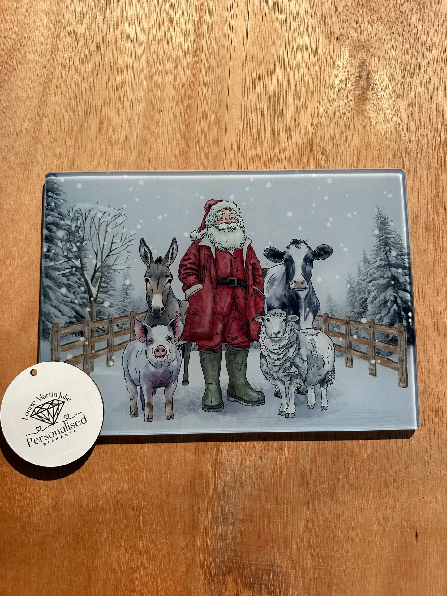 Farmer and animals Christmas A4 glass chopping board