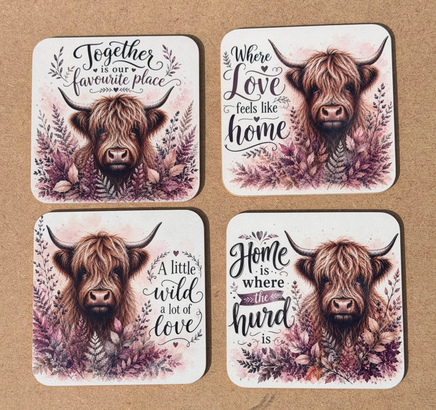 Set of 4 boho Highland cow Wooden Coaster
