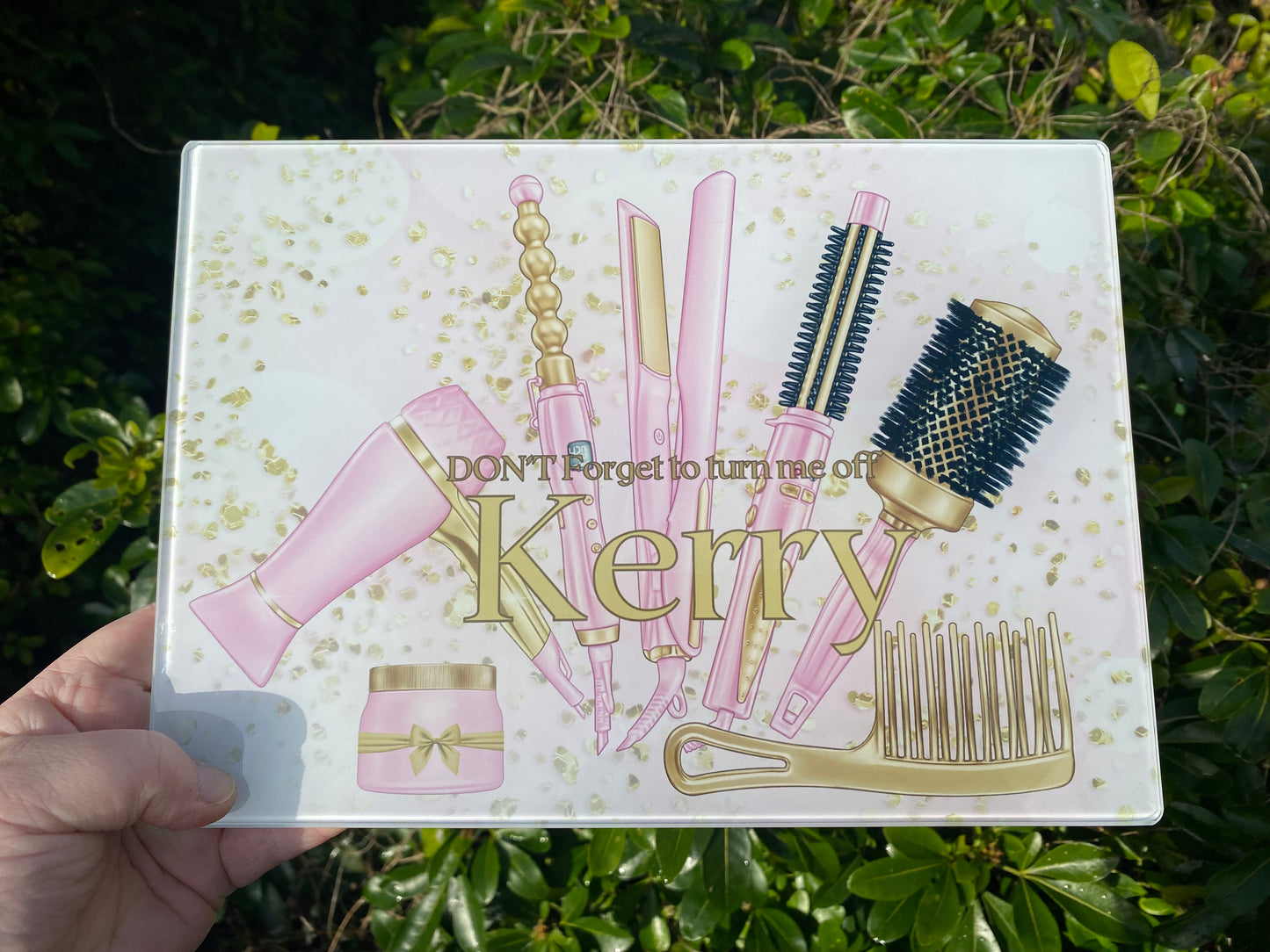 Pink and gold Glass Heat Protector Board for Hair Straighteners and Make Up in Bedroom