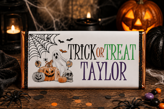 Halloween chocolate bar wrapper personalised with a name