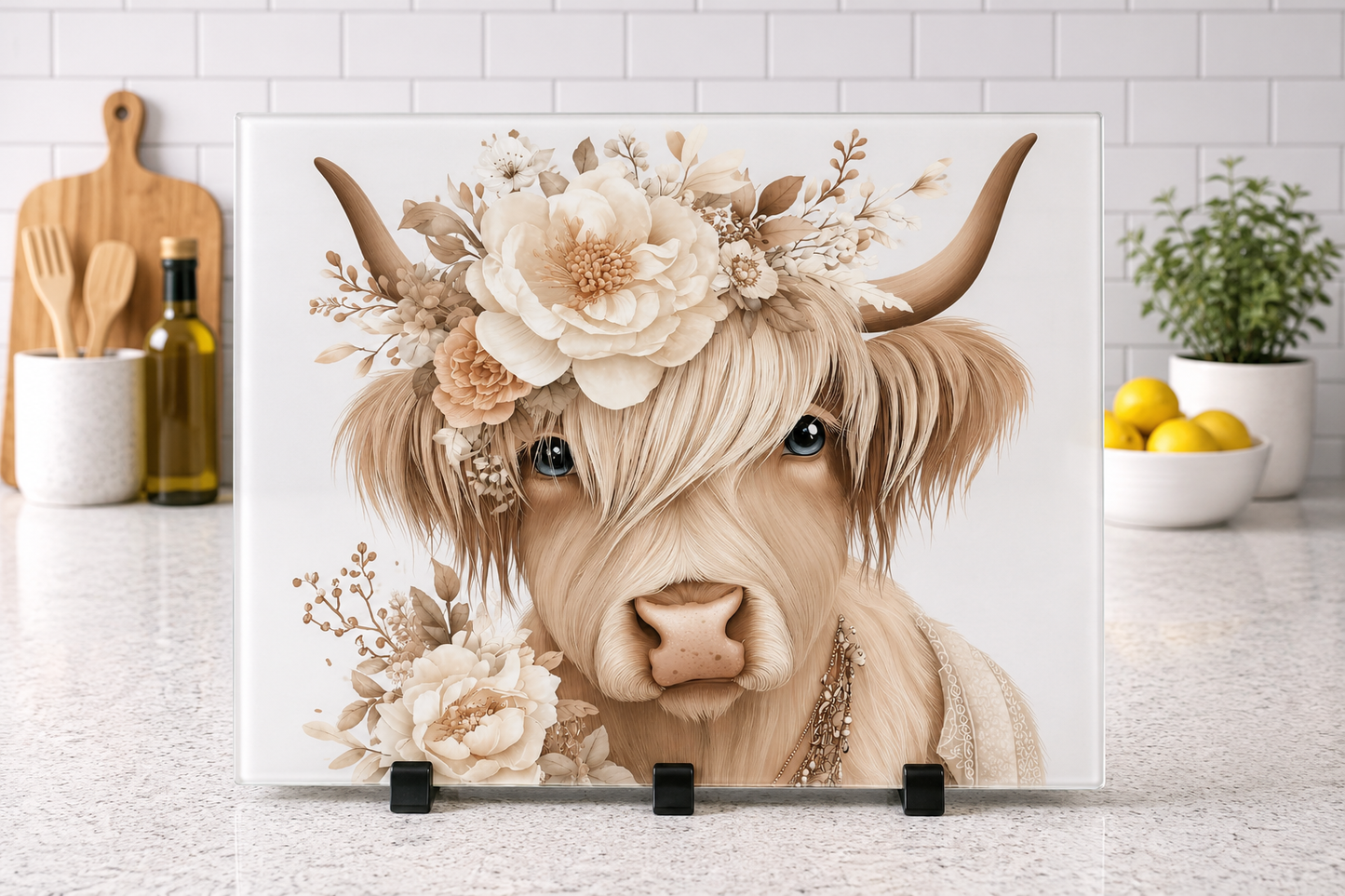 Boho Highland cow floral A4 or A3 glass chopping board