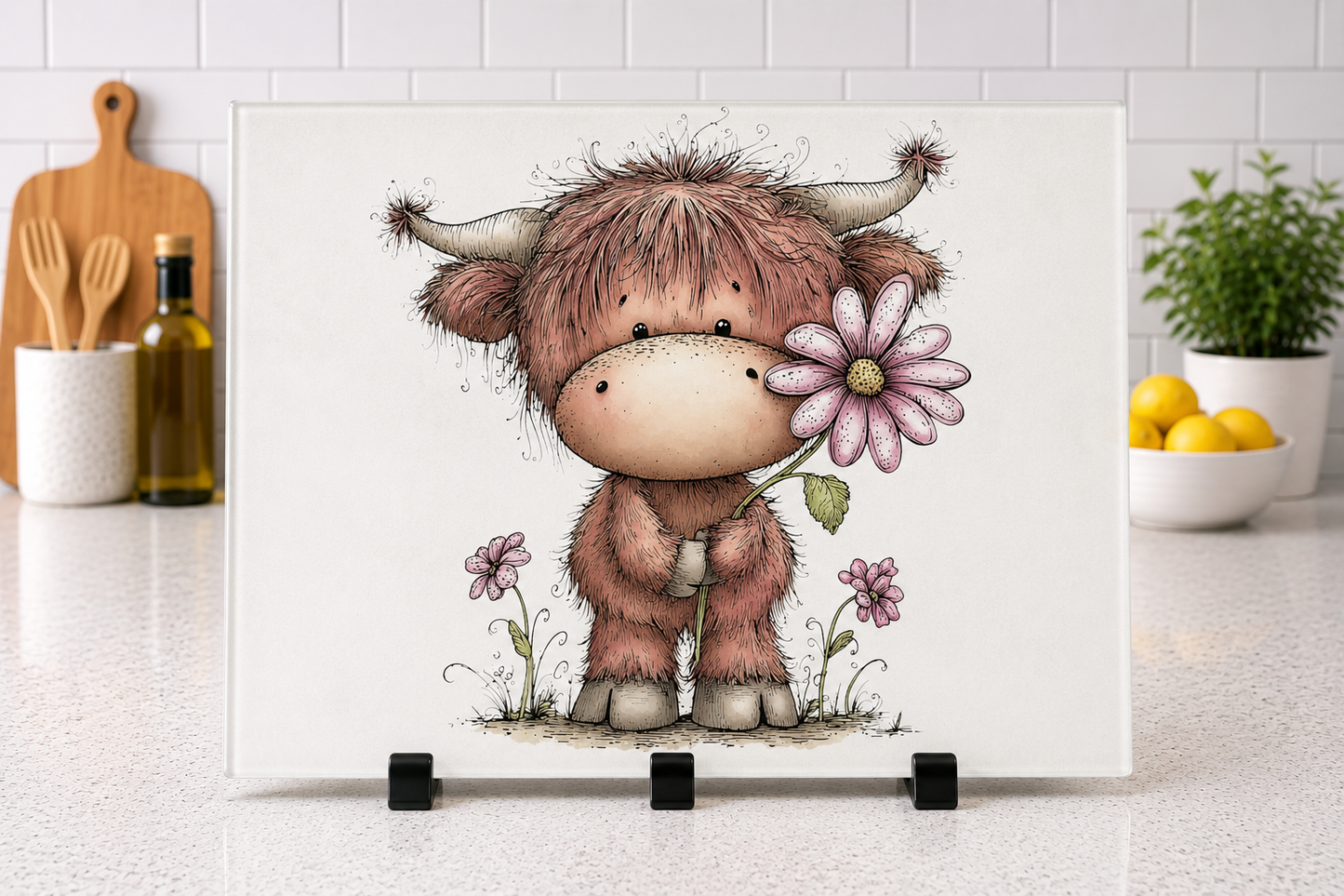 Whimsical Highland cow floral A4 or A3 glass chopping board