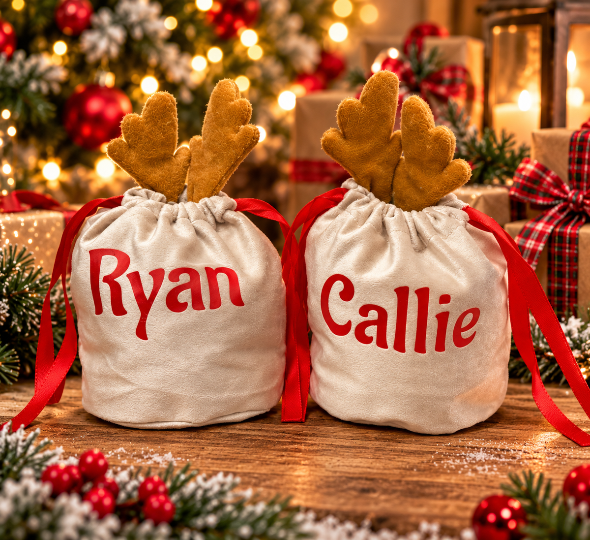 Personalised reindeer ribbon Christmas pouch