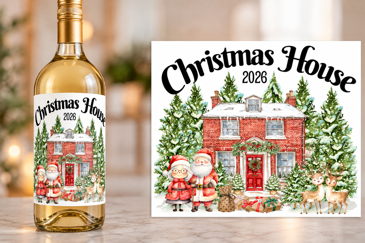 Personalised Christmas house 2026 wine bottle label
