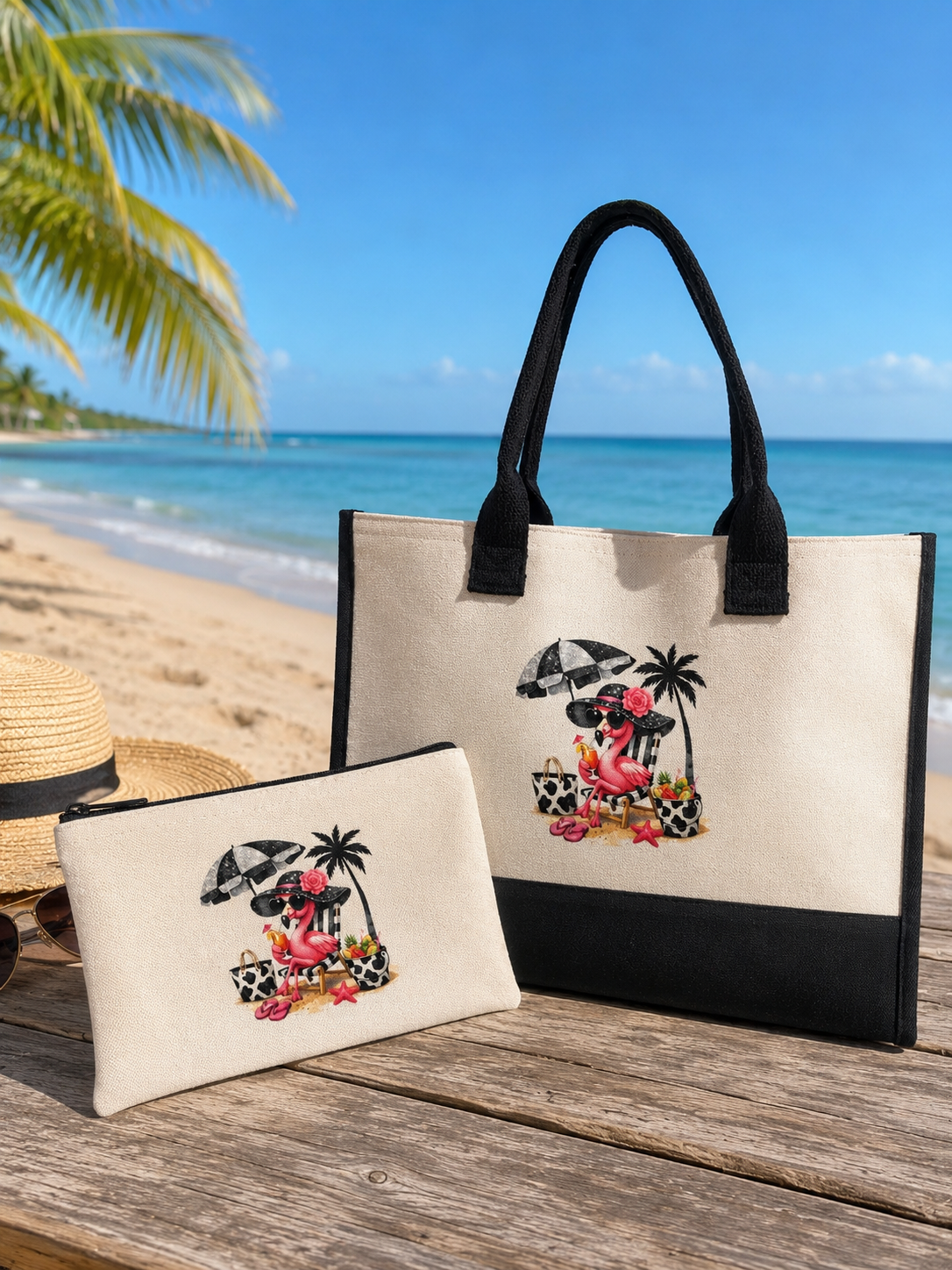 Canvas black and cream shopper holiday bag Flamingo design