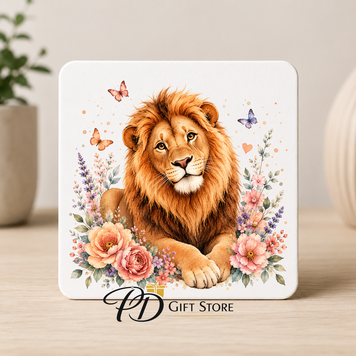 Floral Lion Wooden Coaster