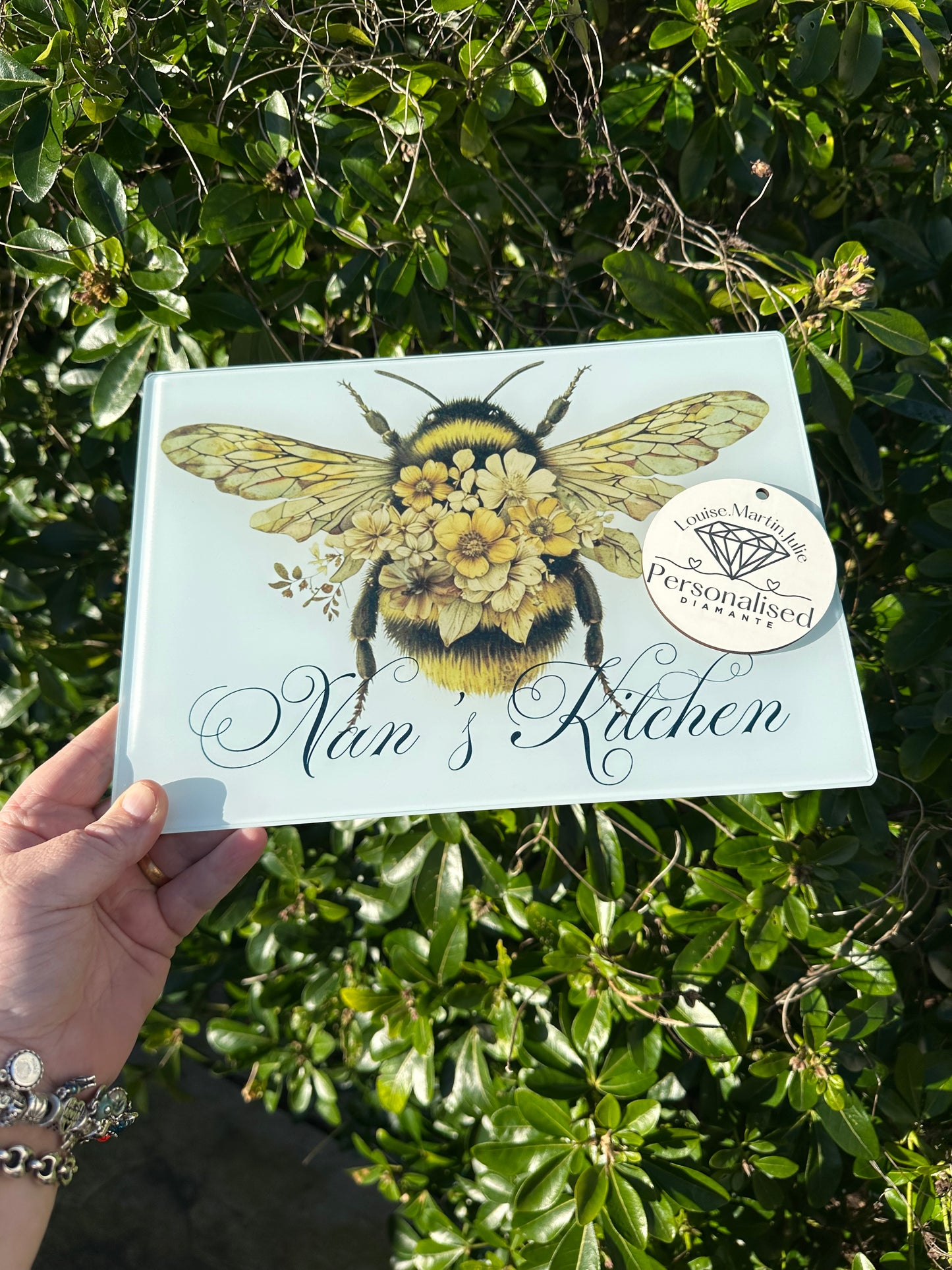 Personalised bumblebee A4 glass chopping board