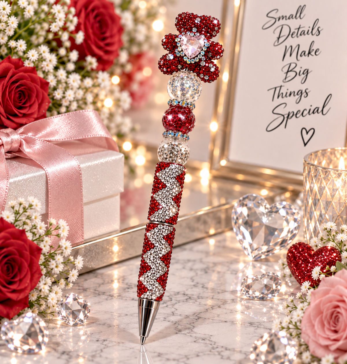 Teddy bear Luxury sparkling red and silver pen