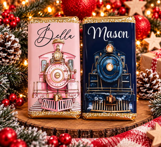Christmas Train chocolate bar wrapper blue or pink
