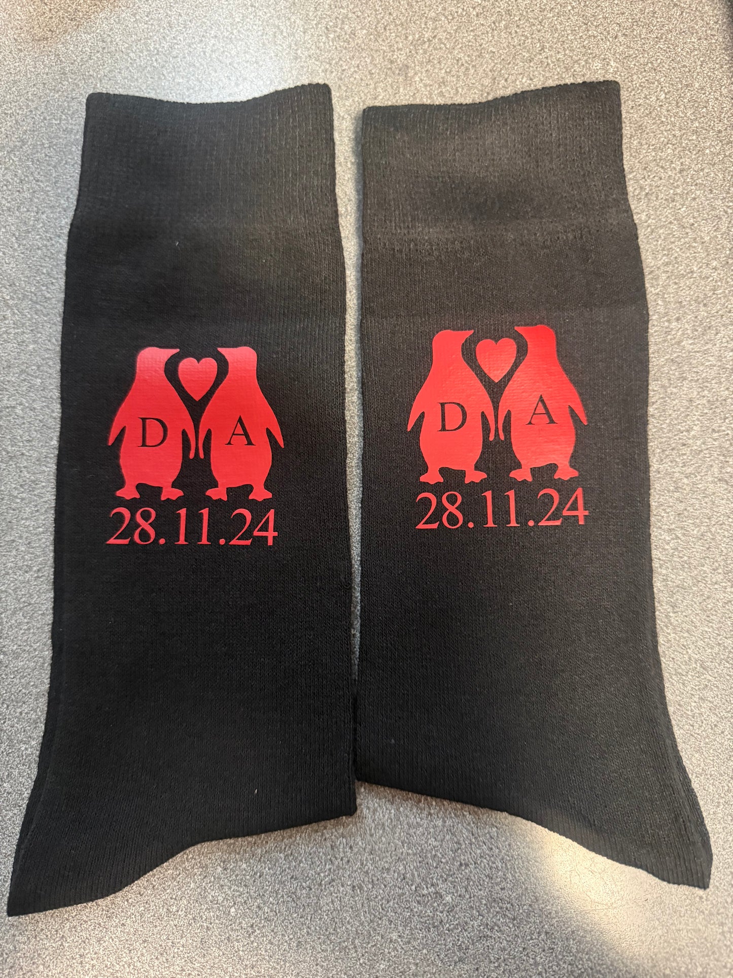 Initial and date penguin socks