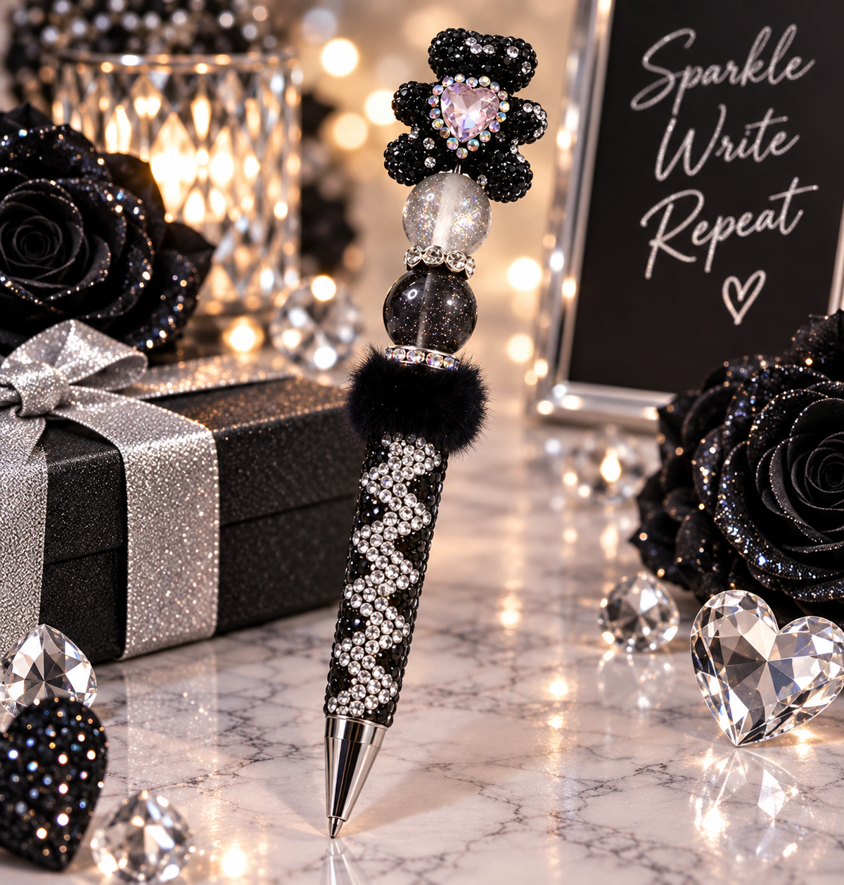 Teddy bear Luxury sparkling black and silver pen