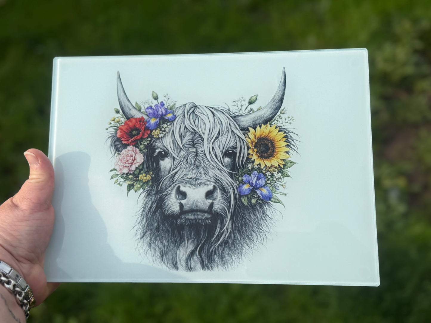 Highland cow glass chopping board A4 or A3 size