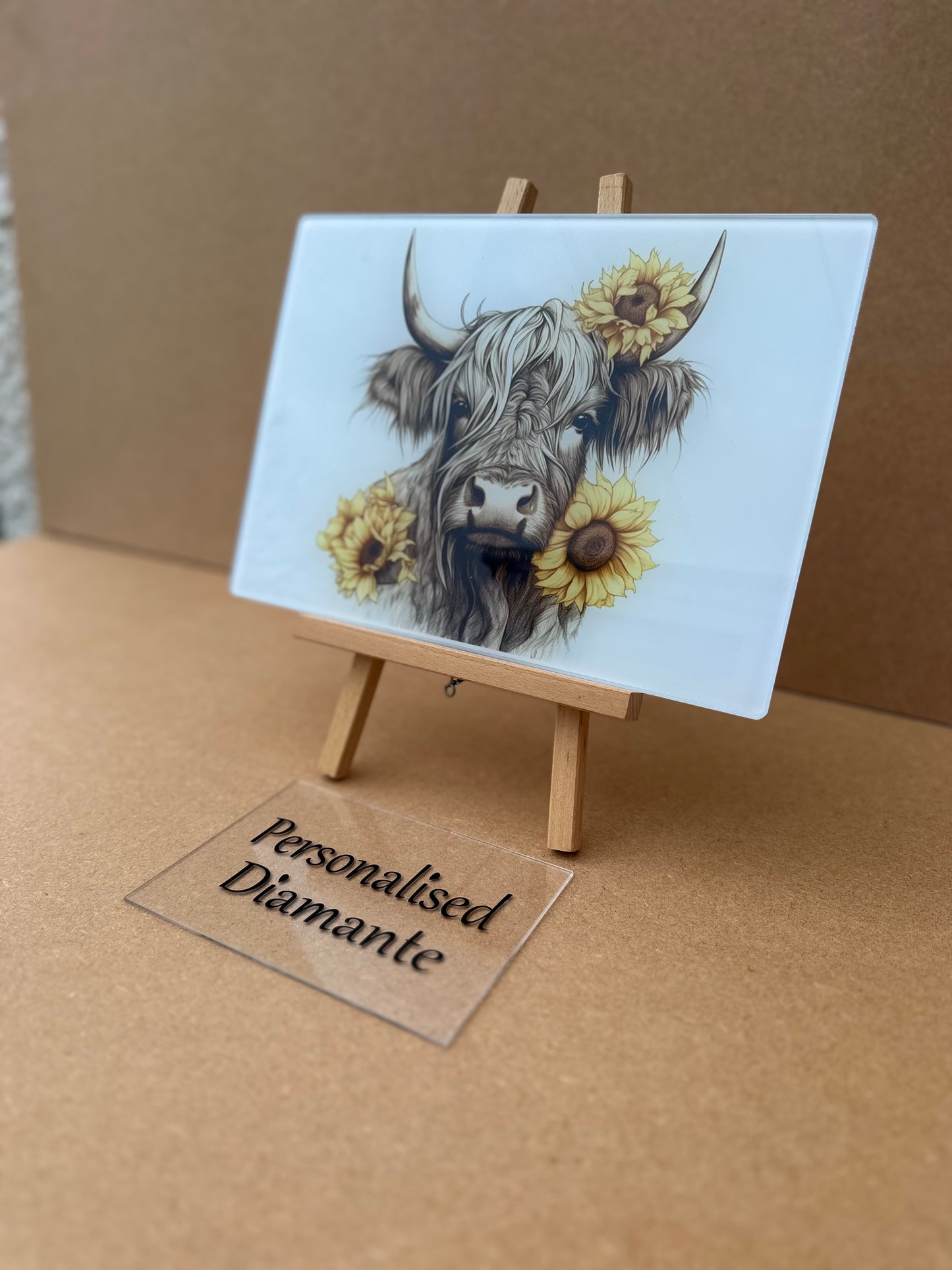 Highland cow yellow sunflower A4 glass chopping board