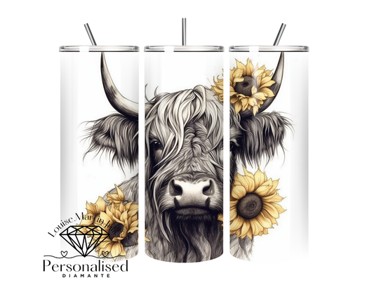 Highland cow with yellow sunflowers 11 oz tumbler