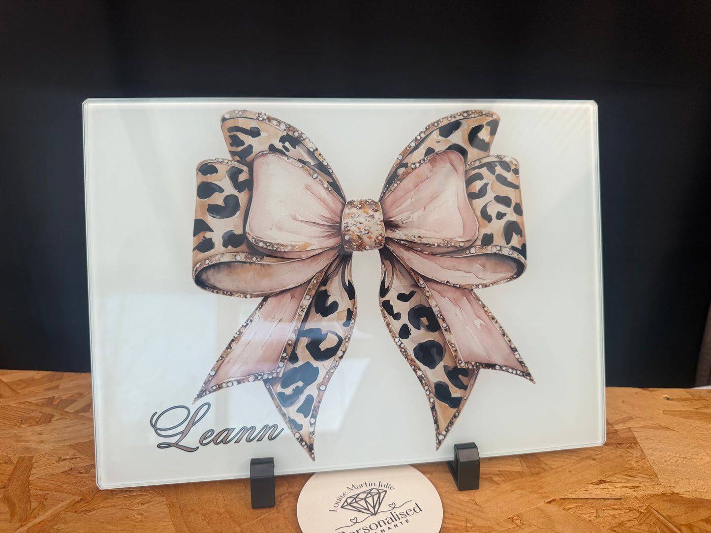 Personalised leopard print bow glass board ￼