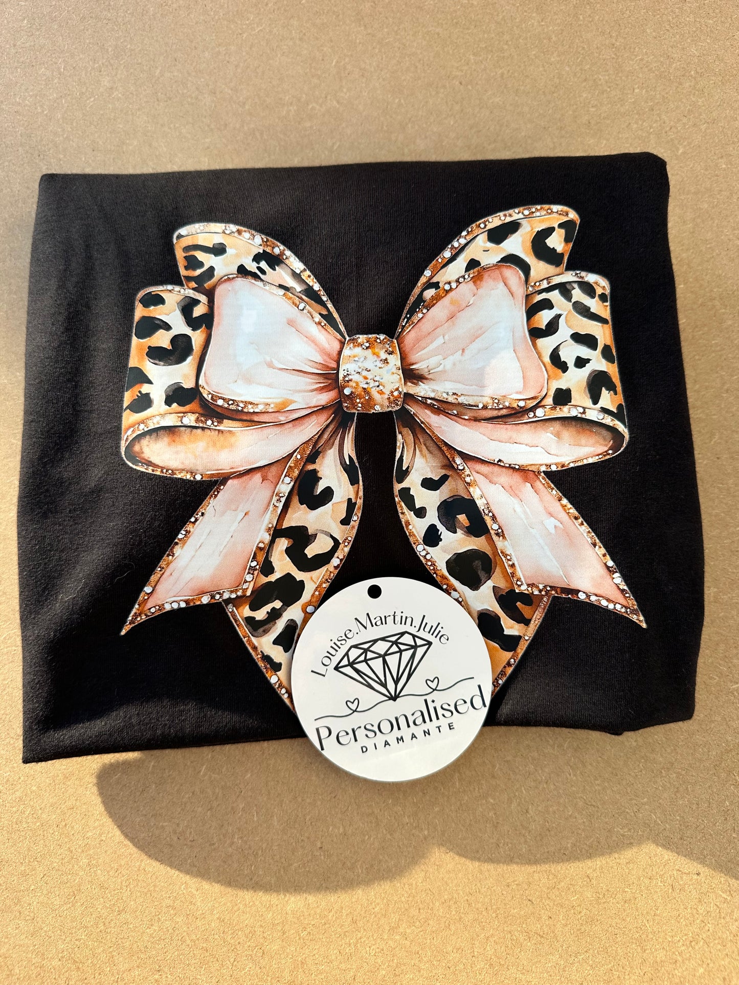 Leopard print pink bow t-shirt black or white Small - 5XL