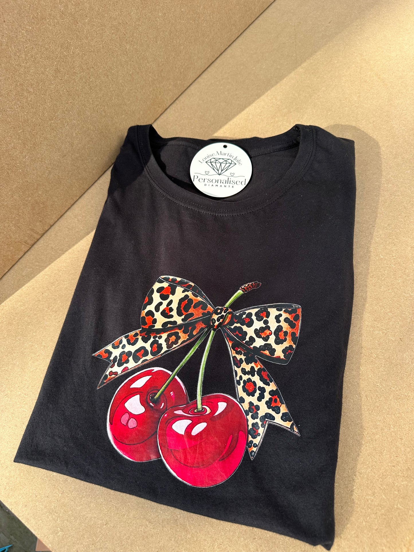Leopard print Bow and red cherry t-shirt black  Small - 5XL