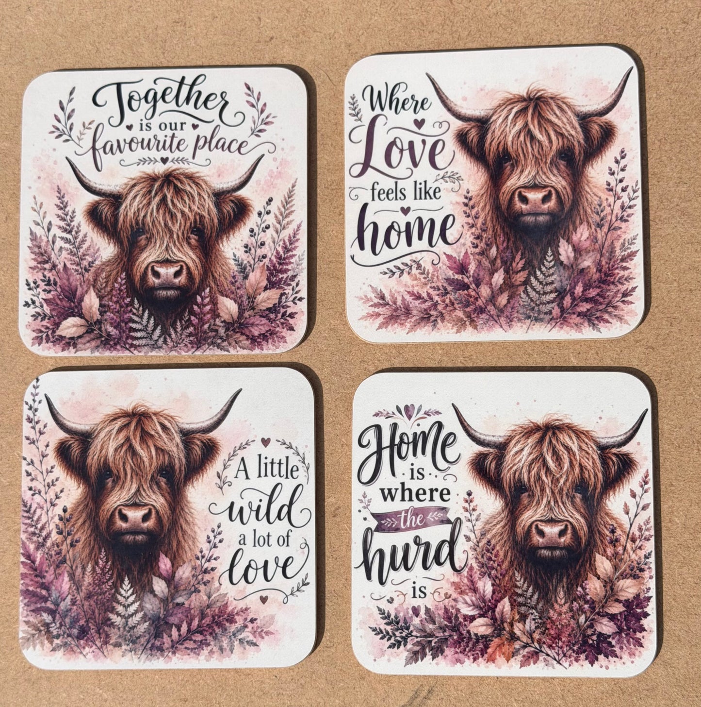 Set of 4 boho Highland cow Wooden Coaster