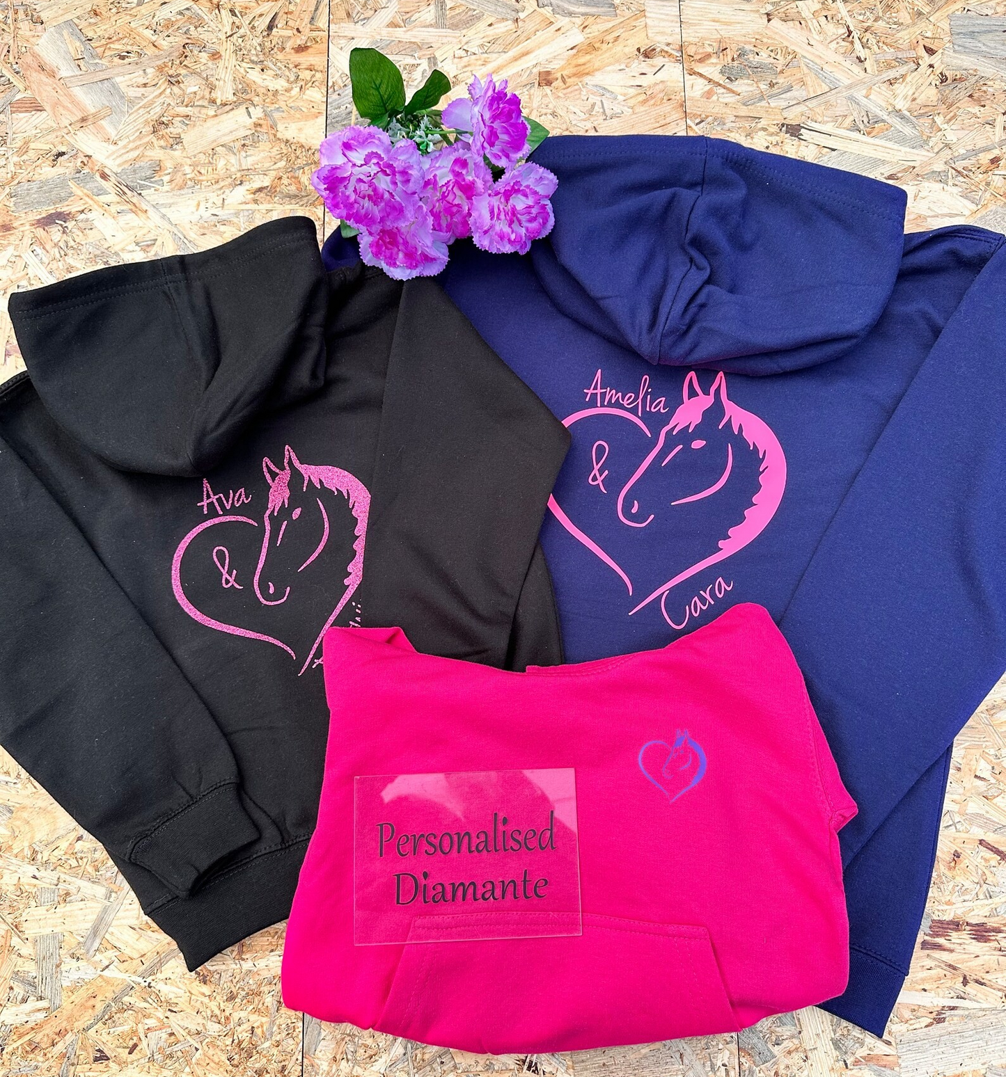 Personalised Horse Pony Riding Hoodie, front and back, horse lover gift