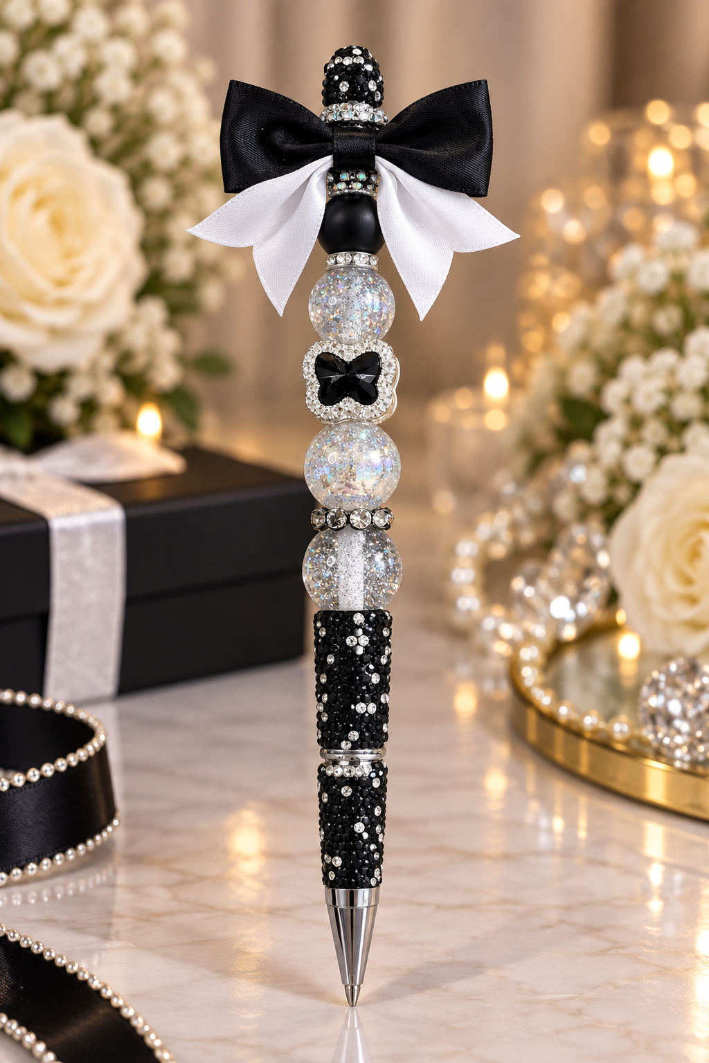 Classy Black and white Bow bling pen large