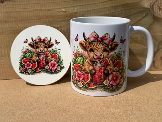 Water melon  highland cow mug and coaster set