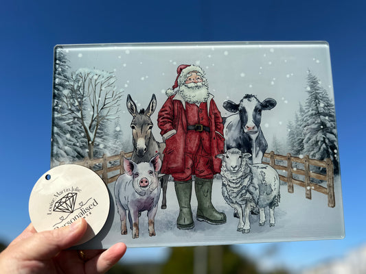 Farmer and animals Christmas A4 glass chopping board
