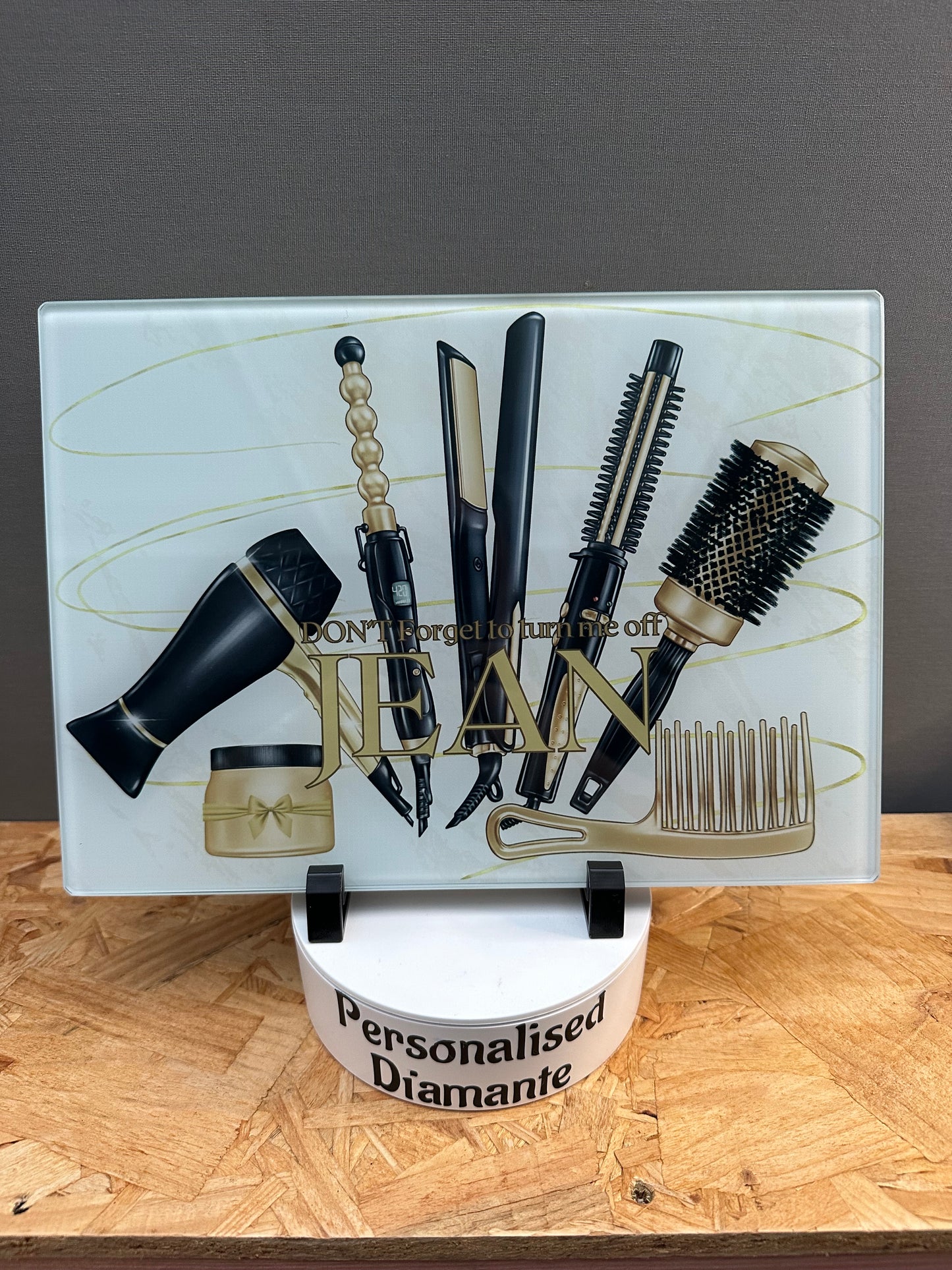 Gold and black Glass Heat Protector Board for Hair Straighteners and Make Up in Bedroom