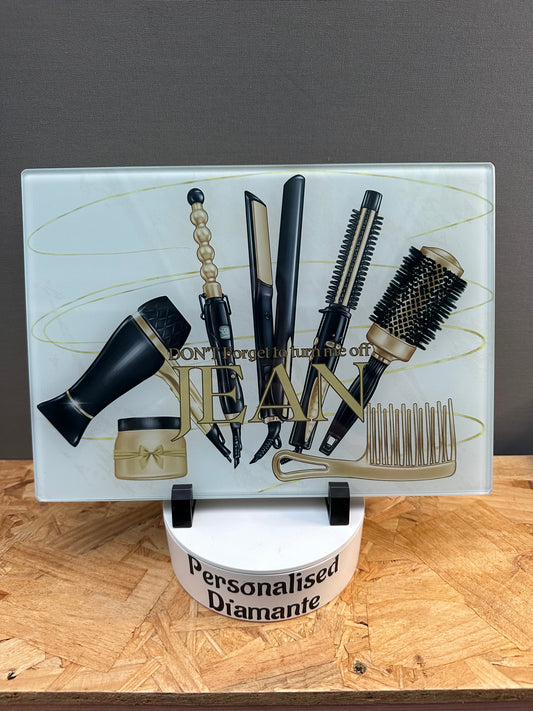 Gold and black Glass Heat Protector Board for Hair Straighteners and Make Up in Bedroom