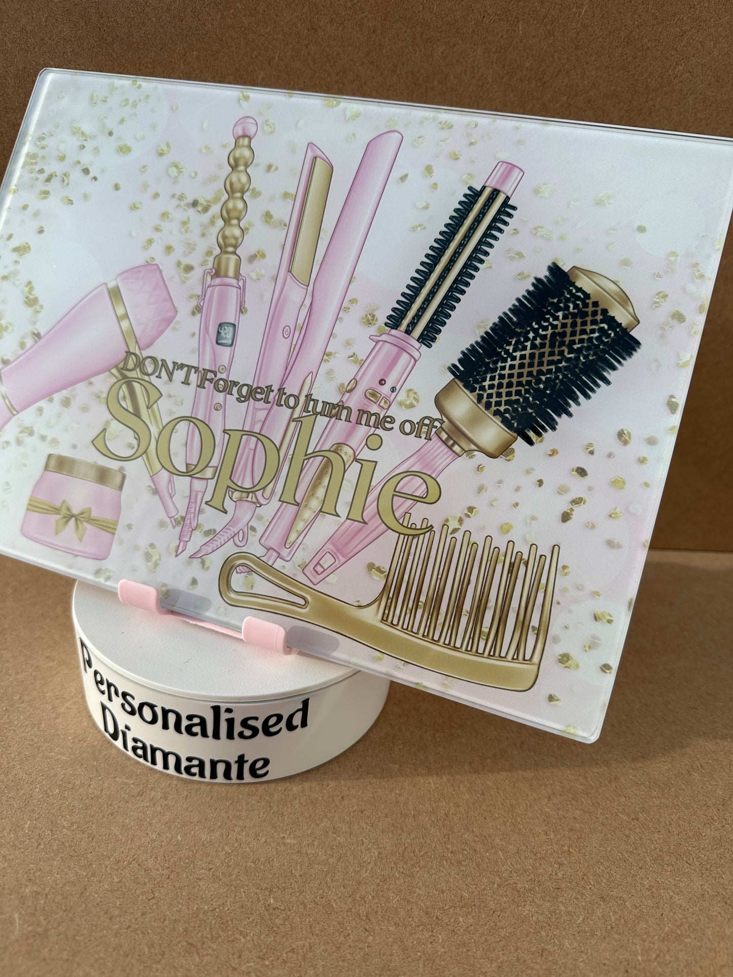Pink and gold Glass Heat Protector Board for Hair Straighteners and Make Up in Bedroom