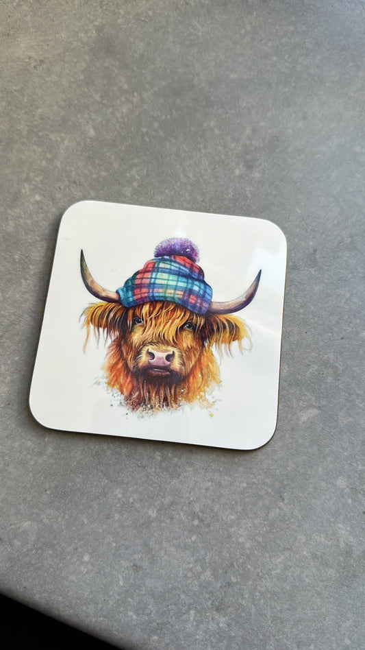 Tartan Highland cow coaster