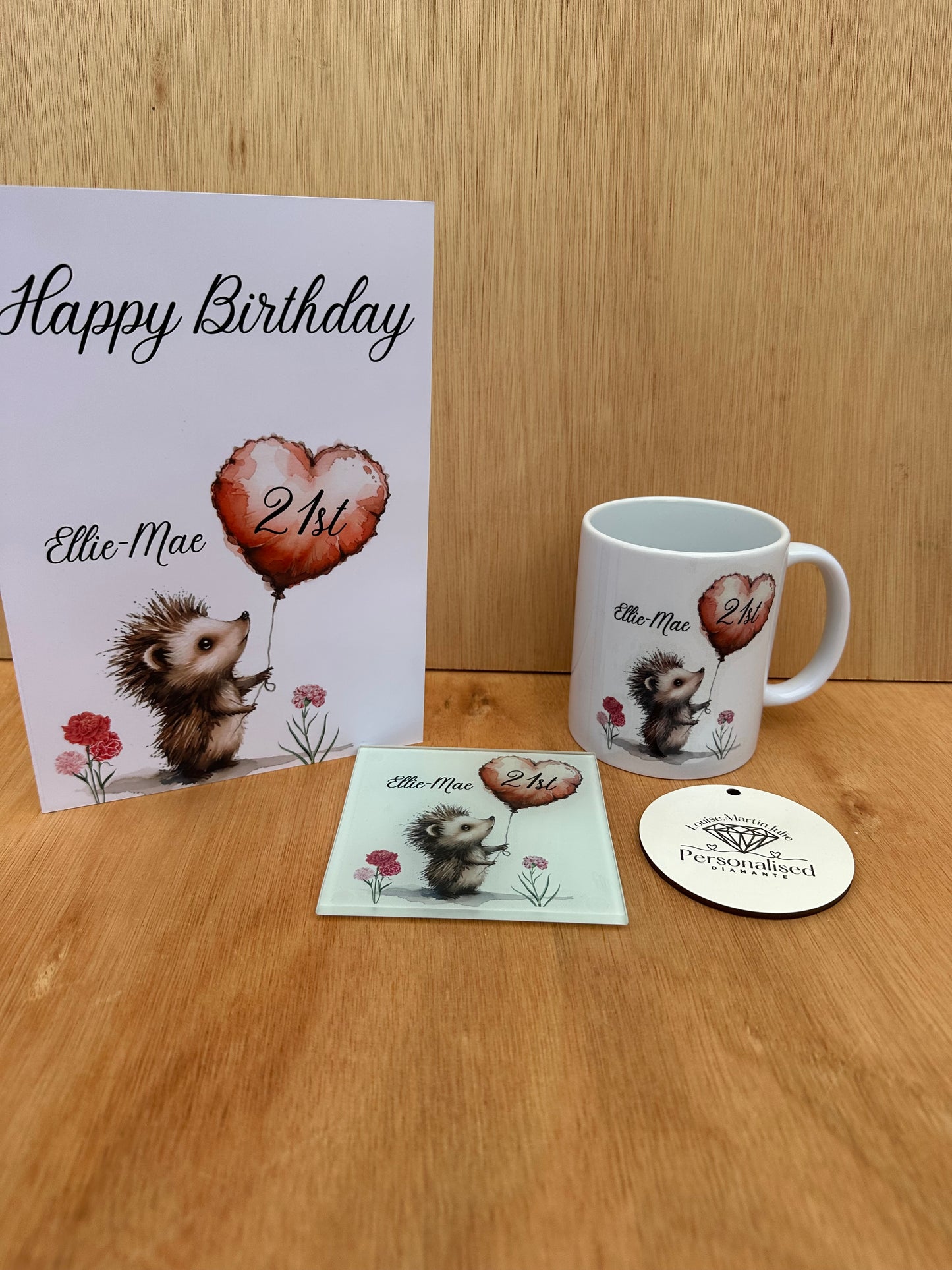 Personalised birthday set mug card and glass coaster all matching
