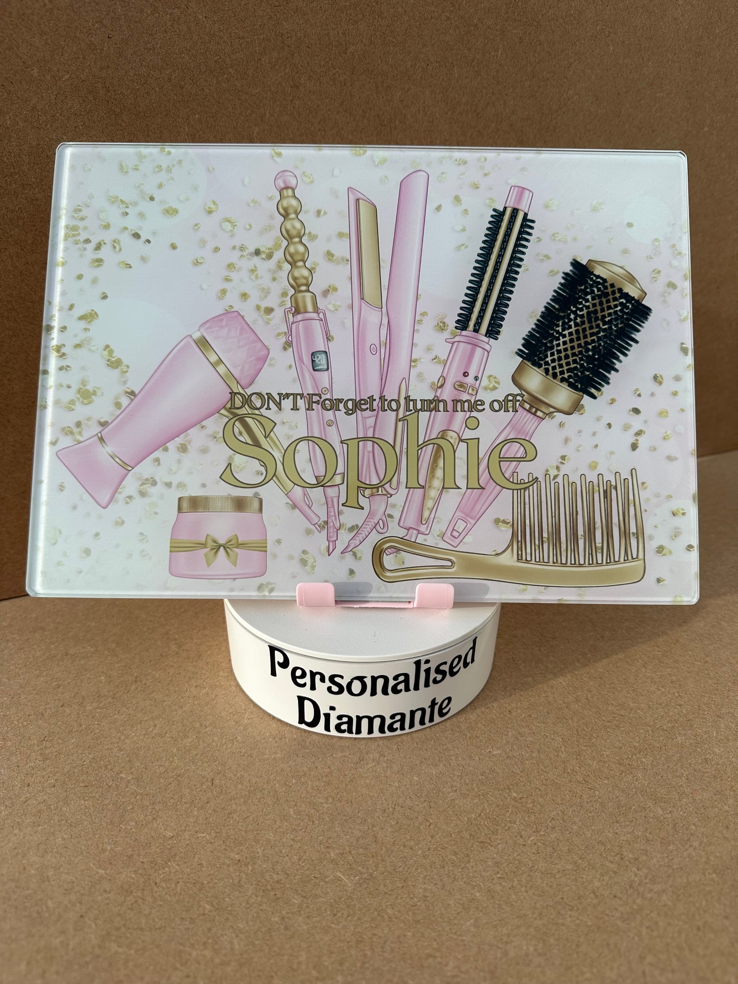 Pink and gold Glass Heat Protector Board for Hair Straighteners and Make Up in Bedroom