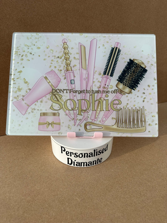 Pink and gold Glass Heat Protector Board for Hair Straighteners and Make Up in Bedroom