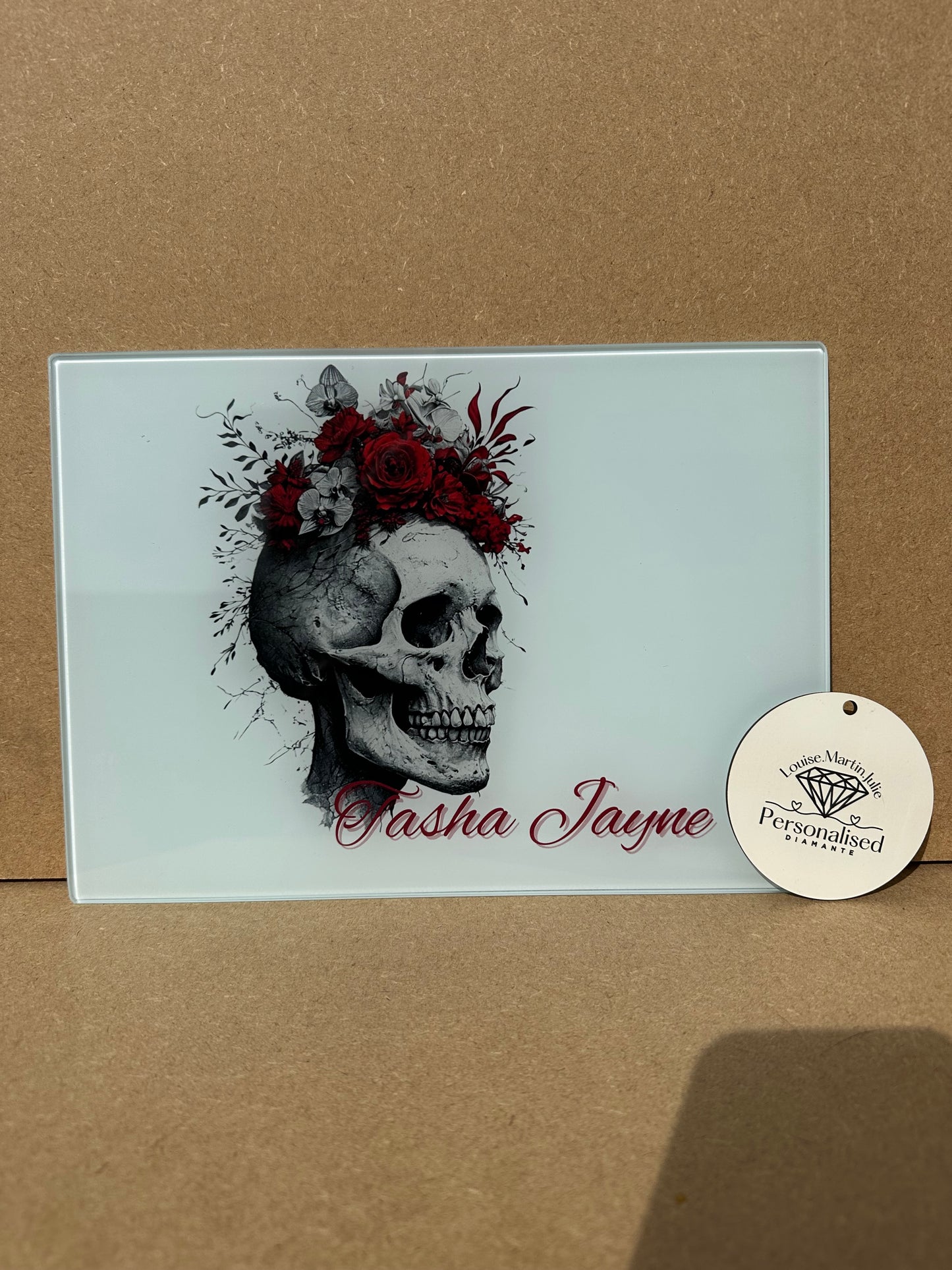 Skull chopping board A4 glass personalised