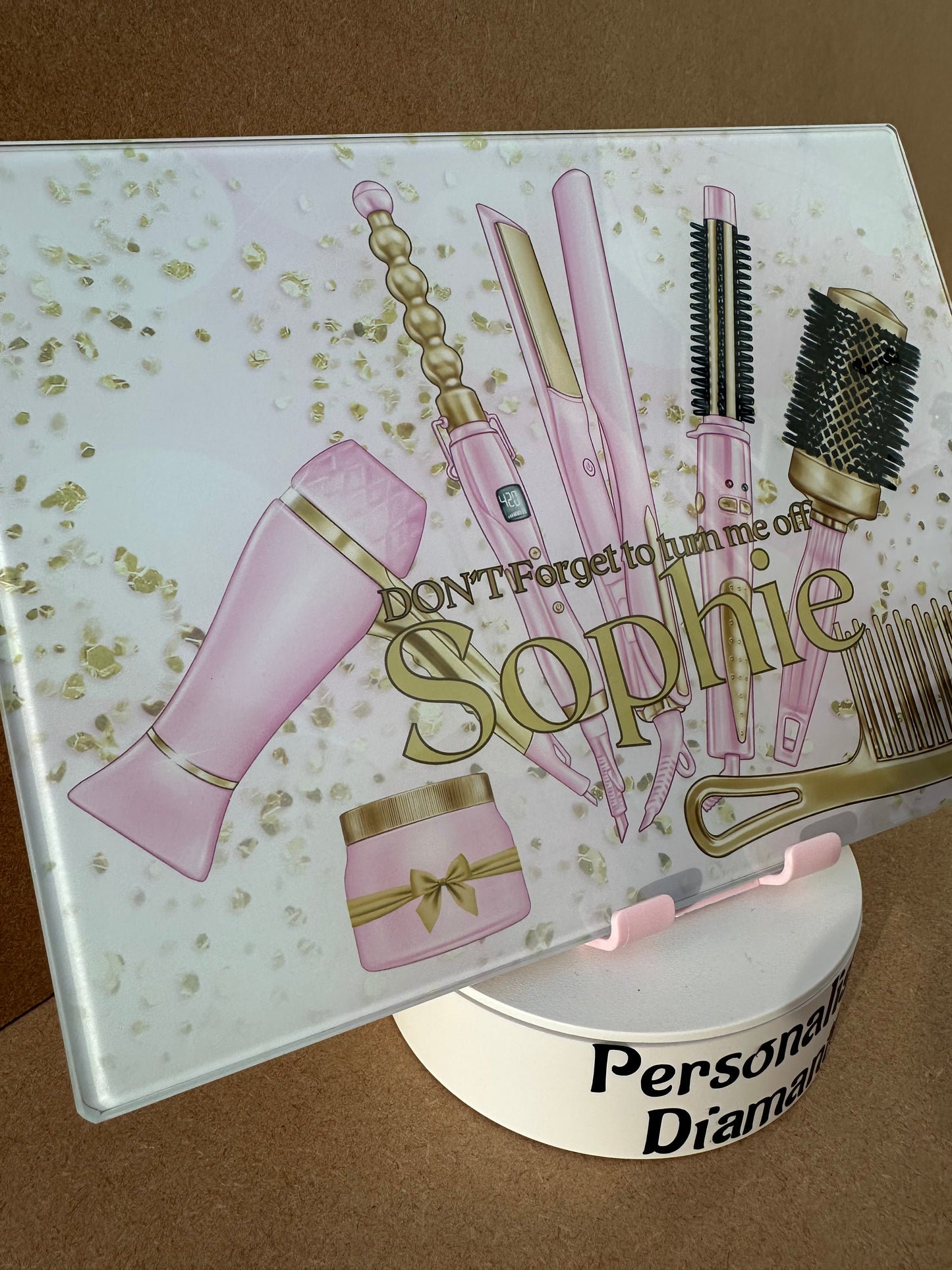 Pink and gold Glass Heat Protector Board for Hair Straighteners and Make Up in Bedroom