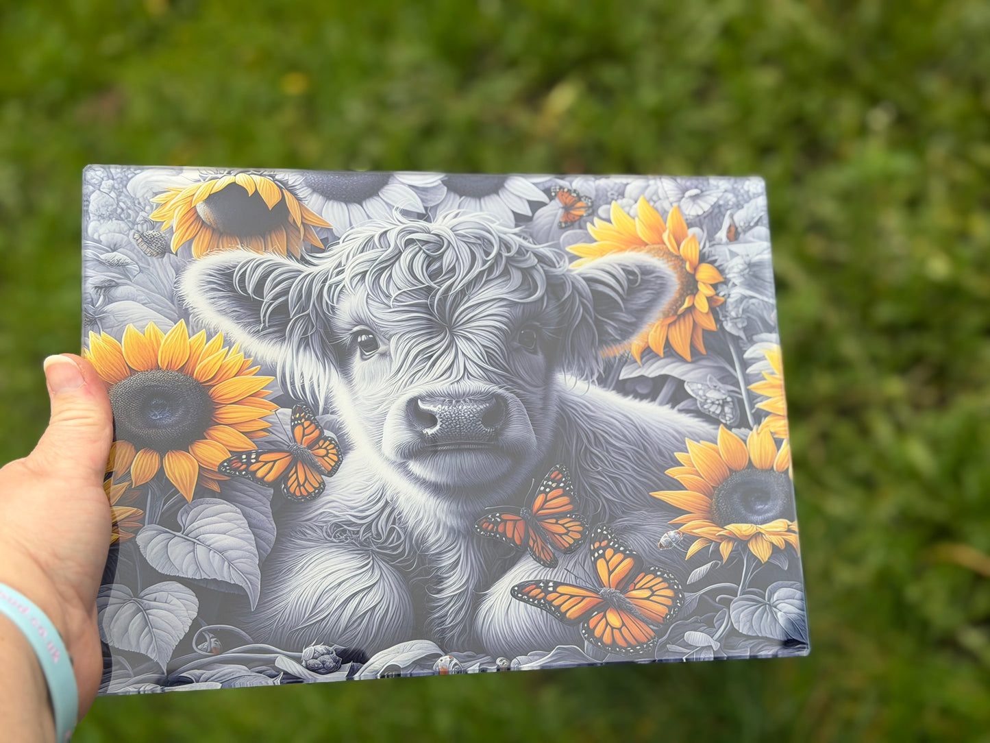 Highland cow A4 glass chopping board