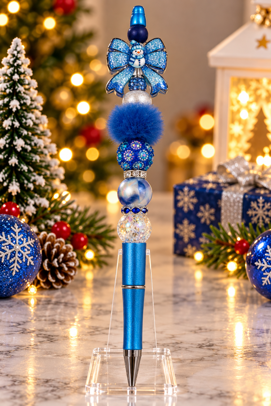 Blue snowman bow christmas  bead pen