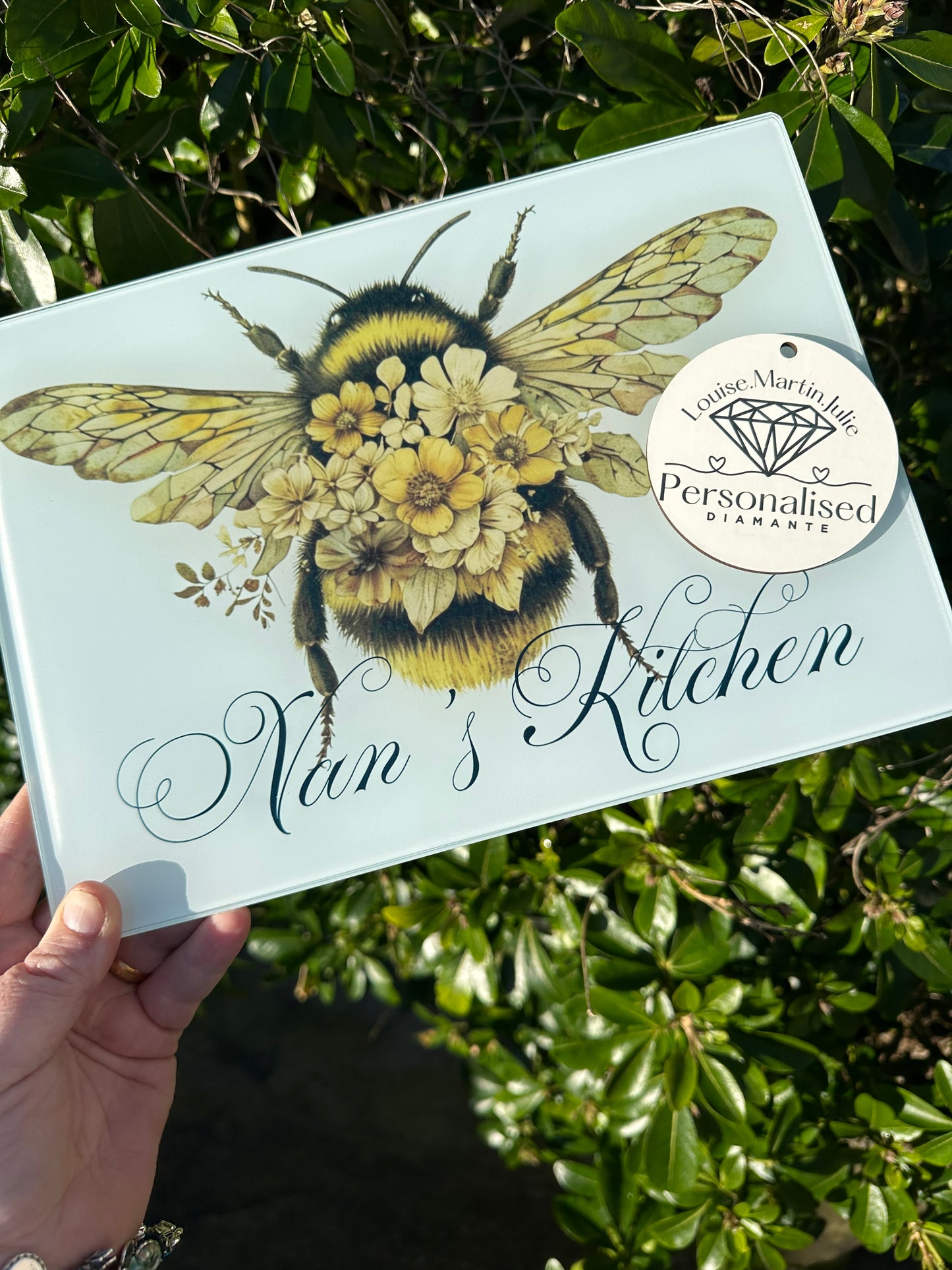 Personalised bumblebee A4 glass chopping board