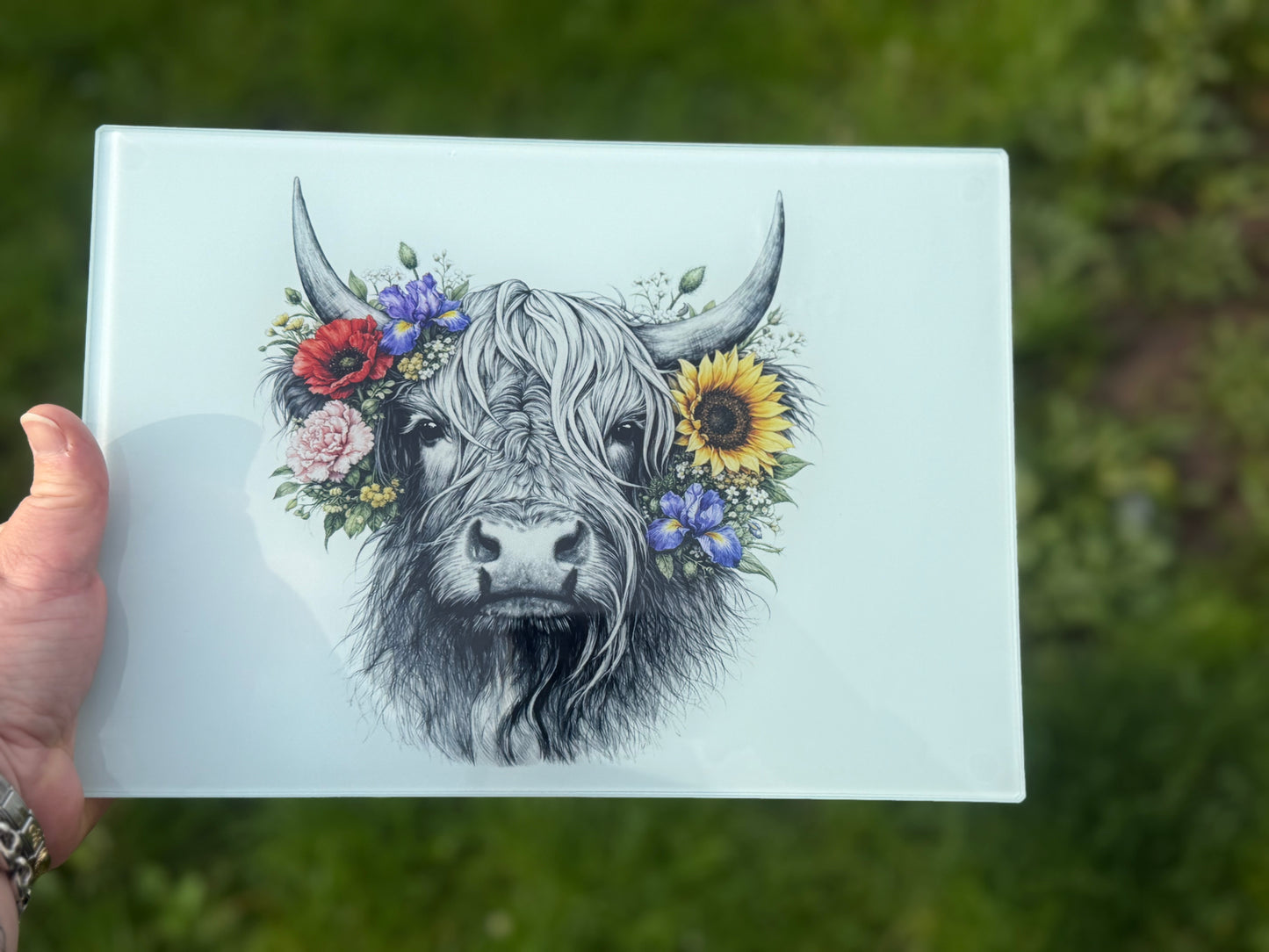 Highland cow glass chopping board A4 or A3 size