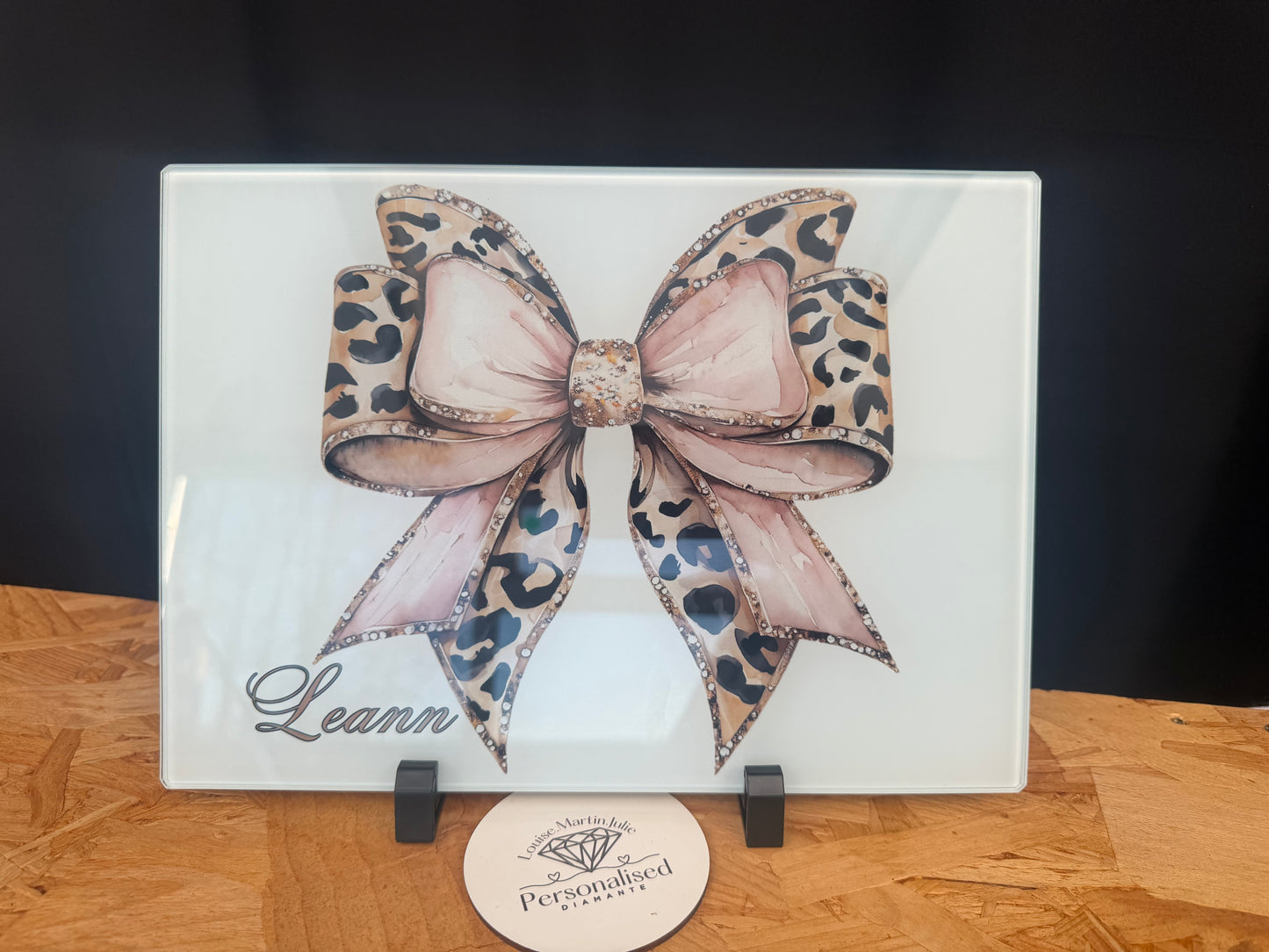 Personalised leopard print bow glass board ￼