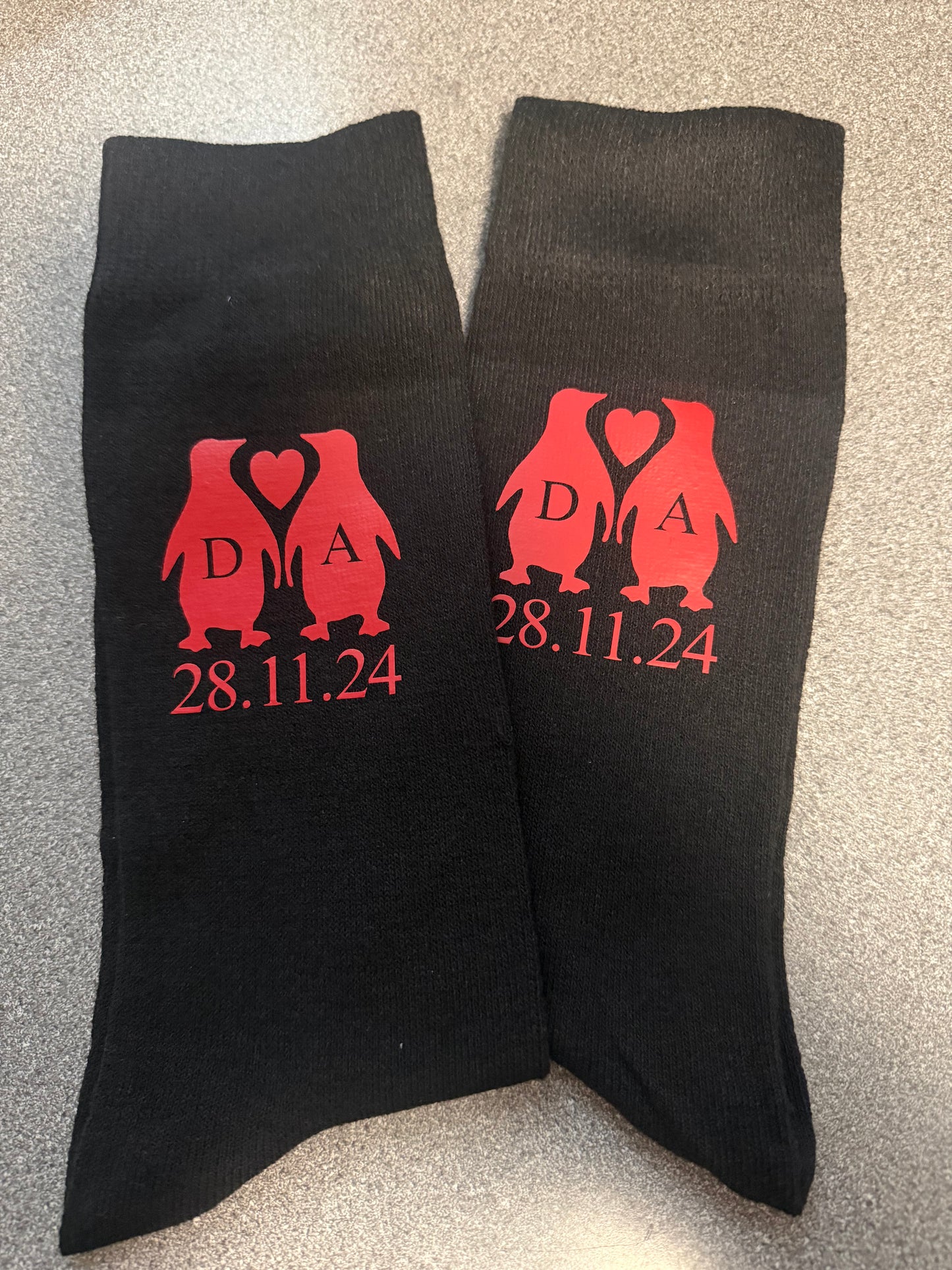 Initial and date penguin socks
