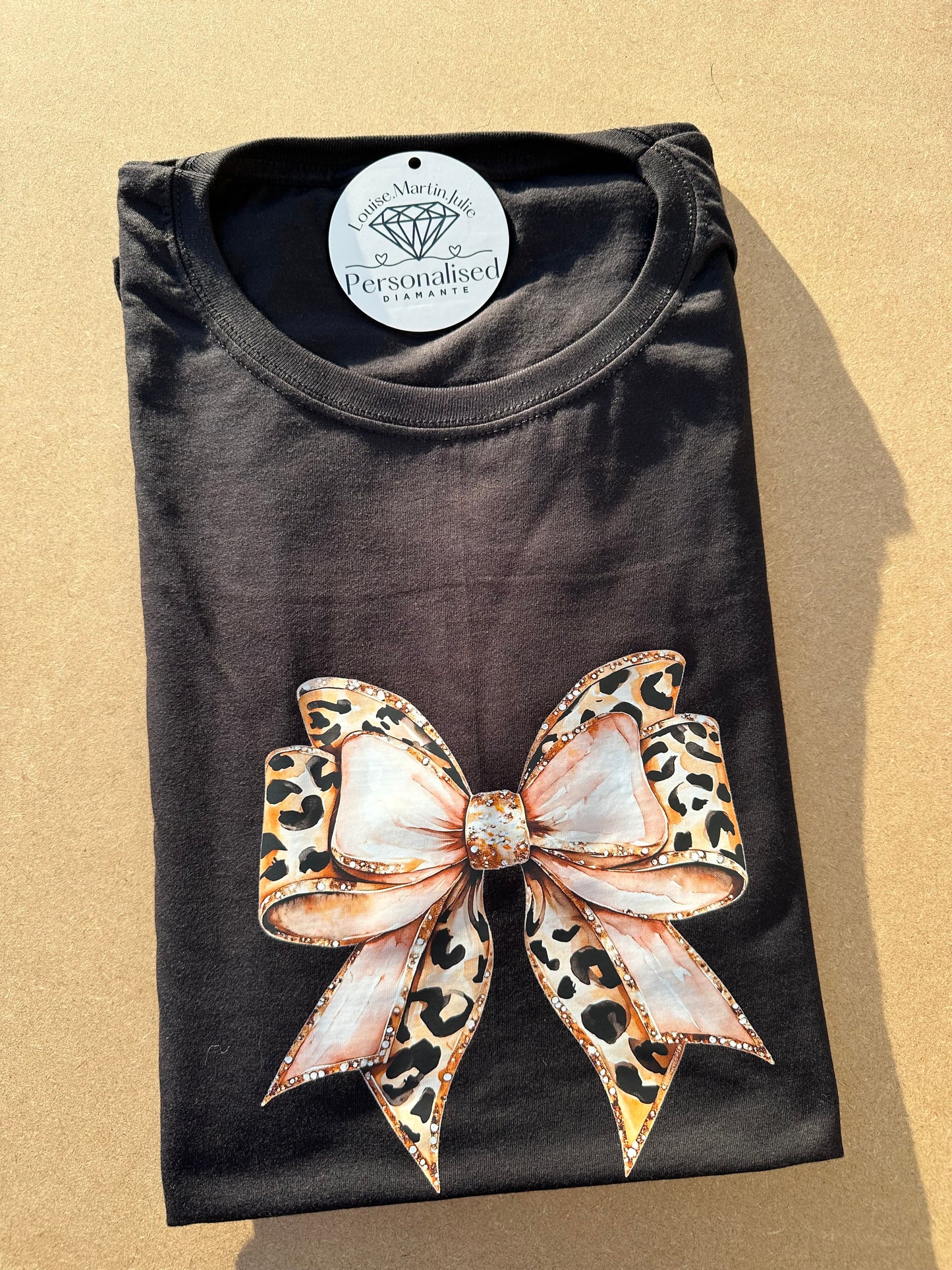 Leopard print pink bow t-shirt black or white Small - 5XL
