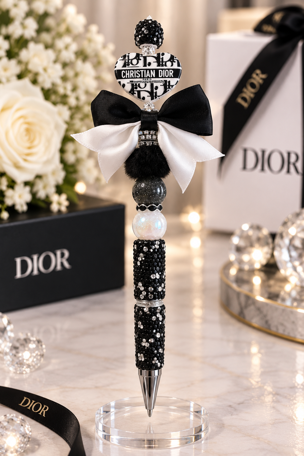 Christin Dior Classy Black and white Bow bling pen large