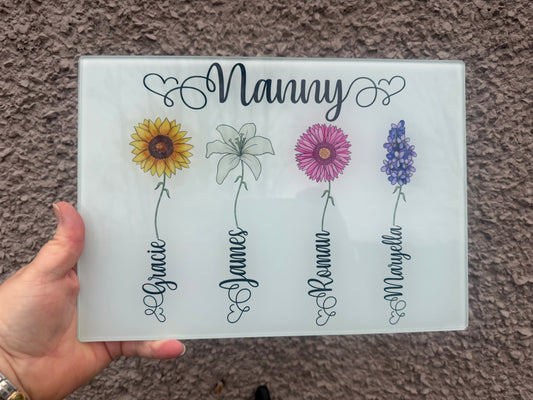 Personalised Floral Glass Chopping Board - Nanny's Kitchen