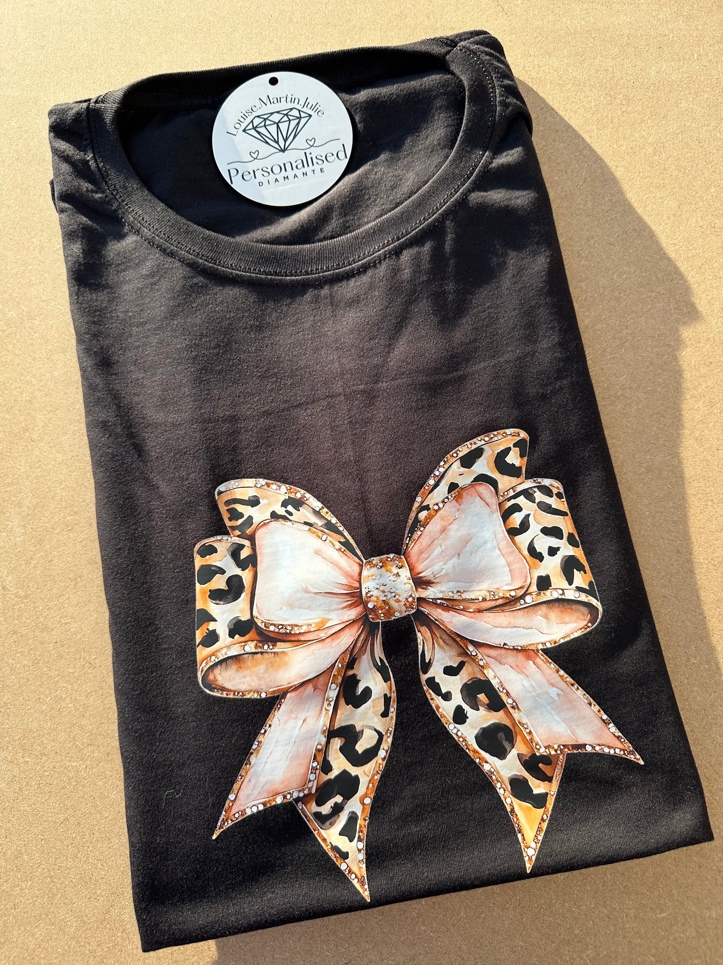 Leopard print pink bow t-shirt black or white Small - 5XL